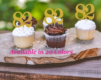 82nd Birthday Cupcake Toppers | Glitter Number 82 Decorations | 82nd Party Decor | Age 82 Milestone | Party Favors Birthday Party Supplies