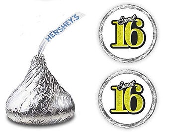 Sweet 16 Kisses Stickers, (Set of 216) Yellow 16th Birthday Labels Stickers 16 Birthday,  Kisses Party Favors  (Candy NOT INCLUDED)