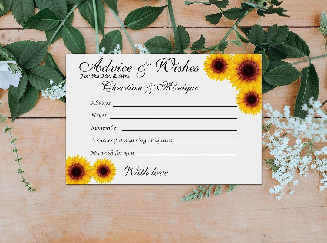 PRINTED Sunflower Wedding Advice and Wishes Cards Bride and Groom Bridal Shower Newlyweds