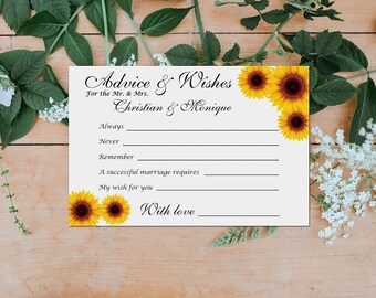 PRINTED Sunflower Wedding Advice and Wishes Cards Bride and Groom Bridal Shower Newlyweds Rehearsals Dinner Parties Set of  50 Cards 4"x6"