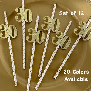 Any NUMBER 30th Birthday Party Straws with Number (SET OF 12) Adult Birthday Party Decorations  (Number available in 20 Colors