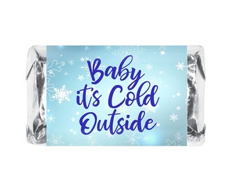 60 Blue Baby Its Cold Outside Baby Shower Miniatures Candy Bar Wrapper, Snowflakes Its a Boy Baby Shower Miniatures Candy Bar Stickers, Blue
