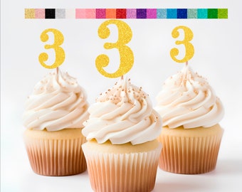 3rd Birthday Cupcake Toppers | Glitter Number 3 Decorations | 3rd Party Decor | Age 3 Milestone | Party Favors Birthday Party Supplies