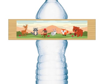 20 Forest Animals Water Bottle Labels; Woodland Animals Waterproof Water Bottle Wrappers Baby Shower Water Bottle Stickers Labels