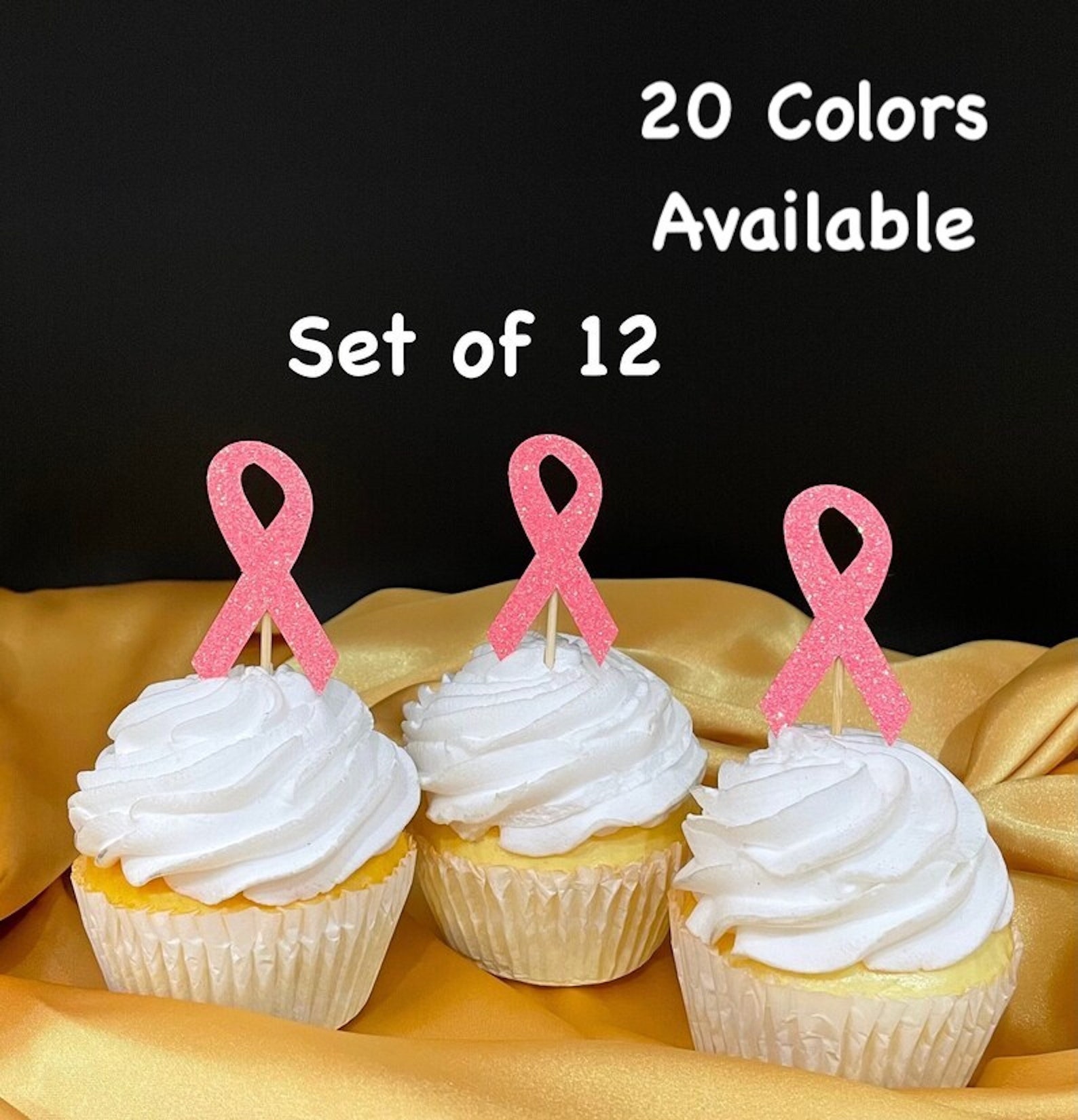 Set of 12 Cancer Awareness Glitter Ribbons Cupcake Toppers (20 Colors ...