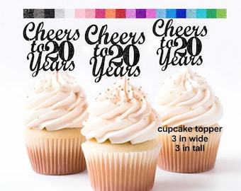Cheers to 20 Years Cupcake Toppers – Perfect for Anniversary, Birthday, Work Anniversary, Milestone Party Decorations – 20 Colors Available