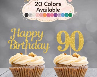90th Birthday Cupcake Toppers | Number 90 Party Picks | 90th Party Supplies | Age 90 Toppers Party Decor Glitter Happy Birthday Decorations