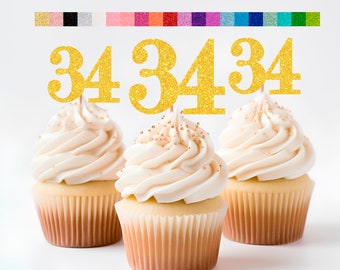 34th Birthday Cupcake Toppers | Glitter Number 34 Decorations | 34th Party Decor | Age 34 Milestone | Party Favors Birthday Party Supplies
