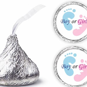Gender Reveal GLOSSY Stickers (Set of 324 labels) Shower Pink and Blue Footprints Kisses Labels For Gender Reveal (Candy NOT INCLUDED)