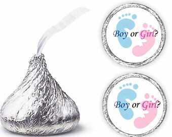 Gender Reveal GLOSSY Stickers (Set of 324 labels) Shower Pink and Blue Footprints Kisses Labels For Gender Reveal (Candy NOT INCLUDED)