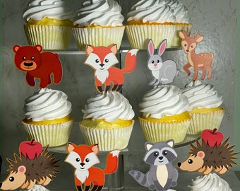 Set of 12 Woodland Forest Animals Cupcake Toppers  Woodland theme Party Cupcake Toppers Woodland Baby Shower Birthday  Woodland Theme Party