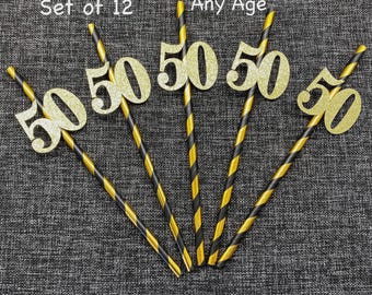 50th Birthday Straws with Number 50th Anniversary Party Favors (SET OF 12) Adult Party Decorations  (Number available in 20 Colors