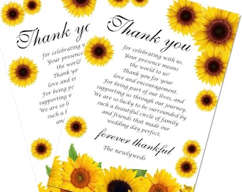 PRINTED Sunflower Wedding Thank You Place Cards (SET OF 50) (4x6)  Place Setting Cards, For Bridal Shower rehearsal dinners wedding favors