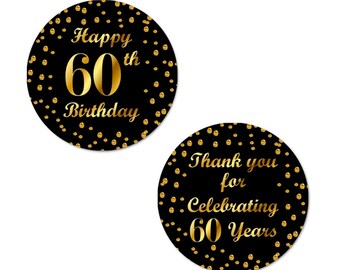 60th Happy Birthday Stickers, 2 Inch Big Round Glossy Labels  (Black and Gold Label)
