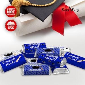 May include: Blue and white graduation party favor labels with the text "Class of 2025" and "Congrats Grad!" printed on them. The labels are wrapped around small chocolate bars.