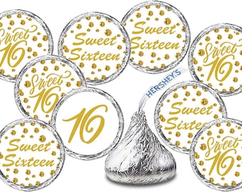 Sweet 16 Kisses Stickers, (Set of 216) Gold 16th Birthday Labels Stickers   Kisses Party Favors  (Candy NOT INCLUDED) Sweet Sixteen