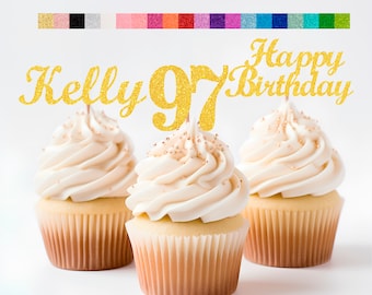 97th Birthday Decorations Personalized Birthday Cupcake Toppers Custom Age, Name & Happy Birthday Sign - Party Decorations for Kids Adults