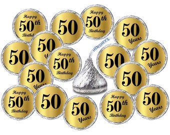 50th Birthday Labels Set of 216 self-adhesive gold foil stickers for party favors candy bags (CANDY NOT INCLUDED) Perfect for Kisses Bottoms