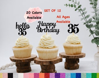 35th Birthday Cupcake Toppers | Hello 35 Theme | Number 35 | Happy Birthday Sign | Glitter Birthday Decorations | Age Toppers Party Decor