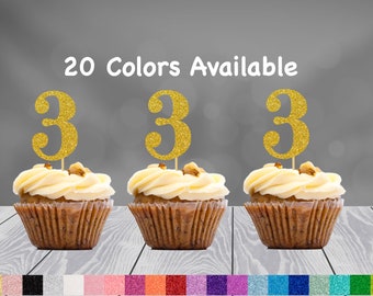3rd Birthday Cupcake Toppers | Glitter Number 3 Decorations | 3rd Party Decor | Age 3 Milestone | Party Favors Birthday Party Supplies