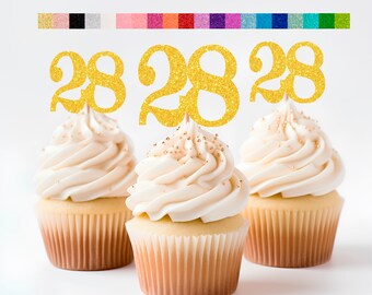 28th Birthday Cupcake Toppers | Glitter Number 28 Decorations | 28th Party Decor | Age 28 Milestone | Party Favors Birthday Party Supplies