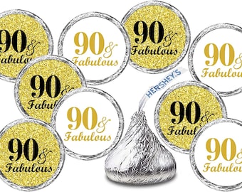 Any Age 90 and Fabulous Birthday Kisses Stickers (Set of 216) Adult 90th Birthday Gold Theme Labels Kisses Party Favors (CANDY NOT INCLUDED)