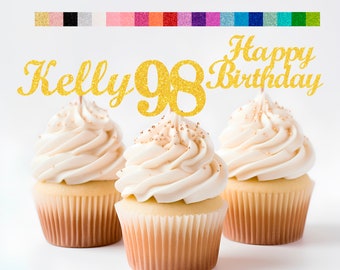 98th Birthday Decorations Personalized Birthday Cupcake Toppers Custom Age, Name & Happy Birthday Sign - Party Decorations for Kids Adults