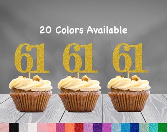 61st Birthday Cupcake Toppers | Glitter Number 61 Decorations | 61st Party Decor | Age 61 Milestone | Party Favors Birthday Party Supplies