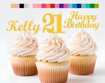 21st Birthday Decorations Personalized Birthday Cupcake Toppers Custom Age, Name & Happy Birthday Sign - Party Decorations for Kids Adults