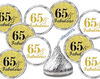 Any Age 65 and Fabulous Birthday Kisses Stickers (Set of 216) Labels Stickers Party Favor Decor 65th Birthday Favors (CANDY NOT INCLUDED)