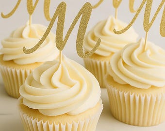 Initial M Cupcake Topper Monogram Letter Cupcake Toppers For Wedding , Bridal Shower, Bachelorette , Baby Shower , Engagement party