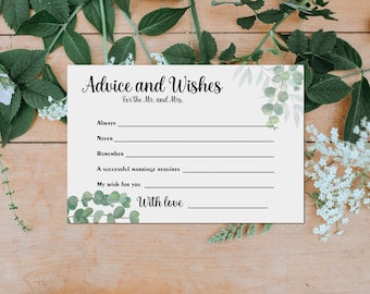 Eucalyptus Wedding Advice and Wishes Cards Bride and Groom For Bridal Shower Newlyweds Rehearsal Dinner Parties, Set of  50 Cards 4"x6"