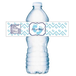 20 Its a Boy Blue Footprints Baby Shower Party Water Bottle Labels; Waterproof Water Bottle Wrappers; Its a Boy Water Bottle Stickers Labels