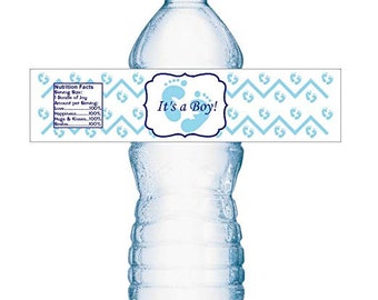 20 Its a Boy Blue Footprints Baby Shower Party Water Bottle Labels; Waterproof Water Bottle Wrappers; Its a Boy Water Bottle Stickers Labels