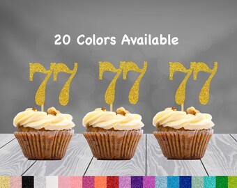 77th Birthday Cupcake Toppers | Glitter Number 77 Decorations | 77th Party Decor | Age 77 Milestone | Party Favors Birthday Party Supplies