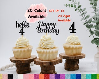 4th Birthday Cupcake Toppers | Hello 4 Theme | Number 4 | Happy Birthday Sign | Glitter Birthday Decorations | Age Toppers Party Decor