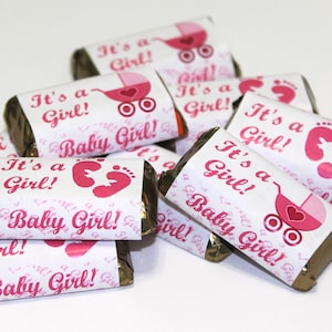60 Pink Its a Girl Baby Shower Miniatures Candy Bar Wrapper, Baby Shower Miniatures Candy Bar Stickers, Candy Not Included