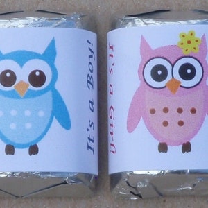 30 baby owl theme baby shower favors labels / wrappers for nugget candy pink or blue candy not included image 2
