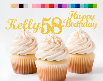 58th Birthday Decorations Personalized Birthday Cupcake Toppers Custom Age, Name & Happy Birthday Sign - Party Decorations for Kids Adults