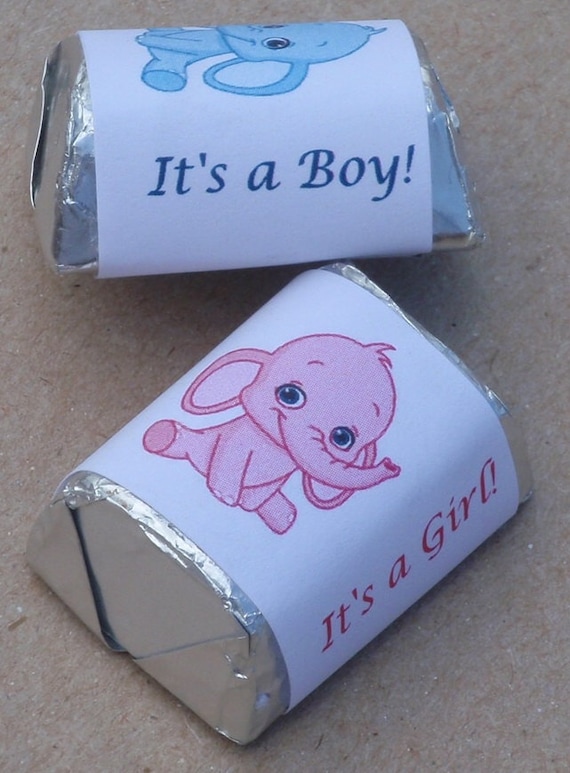 30 baby shower elephant theme  wrappers for hershey nugget candy favors pink or blue (candy not included)