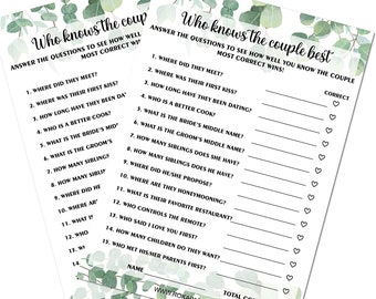 Eucalyptus Who Knows The Couple Best ( SET OF 50)  Wedding Bridal Shower Games