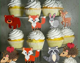 Woodland Forest Animals (SET of 12) Cupcake Toppers  Woodland theme Party Cupcake Toppers Woodland Baby Shower Birthday Woodland Theme Party