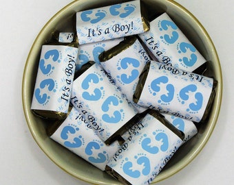 60 Blue Footprints Baby Shower Miniatures Candy Bar Wrapper, Baby Shower Miniatures Candy Bar Stickers (CANDY NOT INCLUDED)