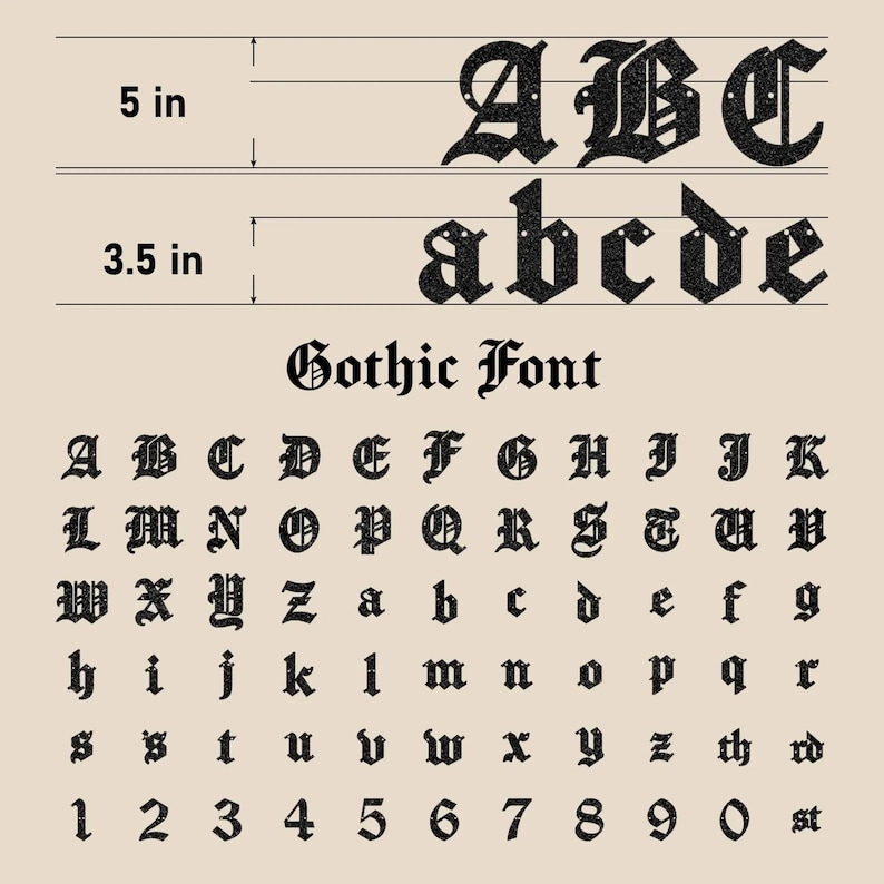May include: A set of black Gothic font letters and numbers. The uppercase letters measure 5 inches in height, while the lowercase letters measure 3.5 inches. The display includes the full alphabet in both cases, numbers 0-9, and the text Gothic Font.