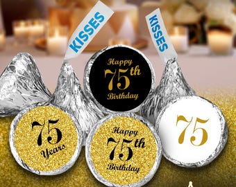 75th Birthday Party Labels Set of 324 Self-Adhesive Glossy Stickers Party Favors Candy Bags (CANDY NOT INCLUDED) Perfect for Kisses Bottoms