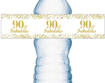 90 and Fabulous | 90th Birthday Water Bottle Labels | (SET of 25) | Glossy Waterproof Labels Birthday Party Decorations | Number 90