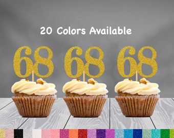 68th Birthday Cupcake Toppers | Glitter Number 68 Decorations | 68th Party Decor | Age 68 Milestone | Party Favors Birthday Party Supplies