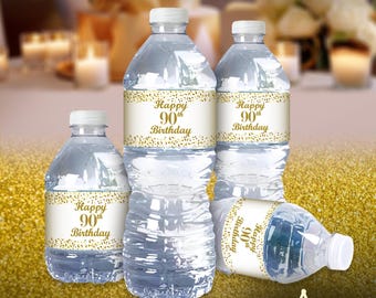 90th Birthday Water Bottle Labels | SET of 25 | Glossy Waterproof Labels Birthday Party Decorations | Number 90 Age 90 Birthday Favors