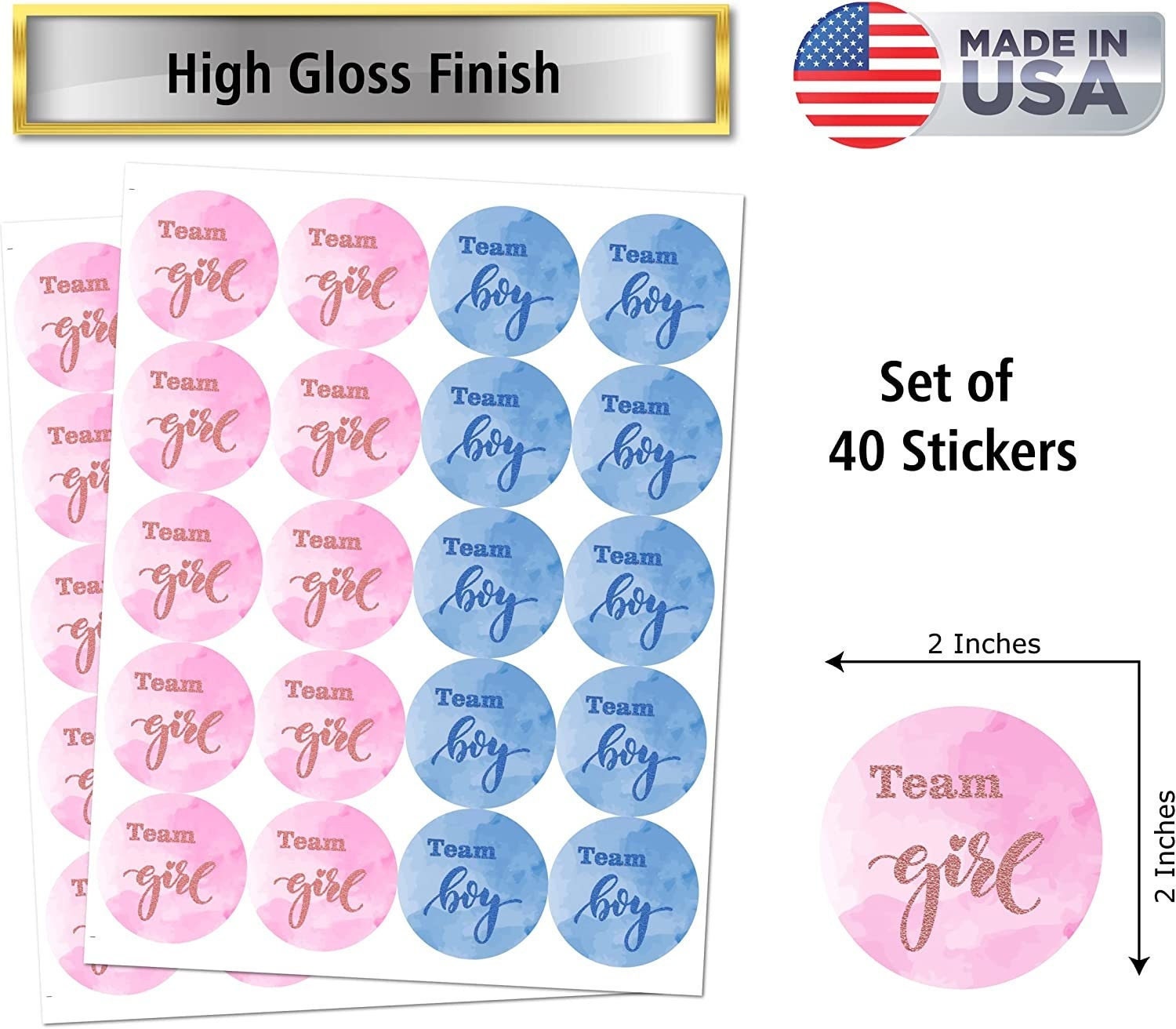40pc Team Girl Team Boy Gender Reveal Stickers 2 pouces Big Round