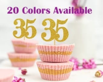 35th Birthday Cupcake Toppers | Glitter Number 35 Decorations | 35th Party Decor | Age 35 Milestone | Party Favors Birthday Party Supplies